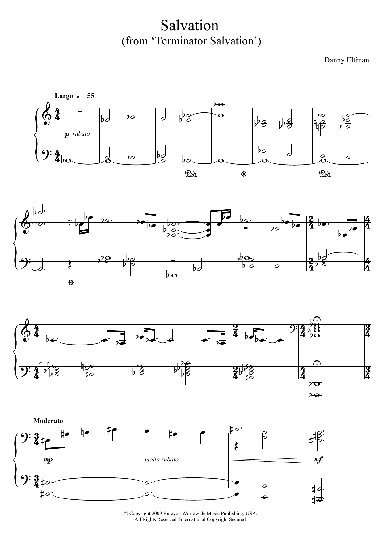 Danny Elfman Salvation (from Terminator Salvation) sheet music notes and chords arranged for Piano Solo