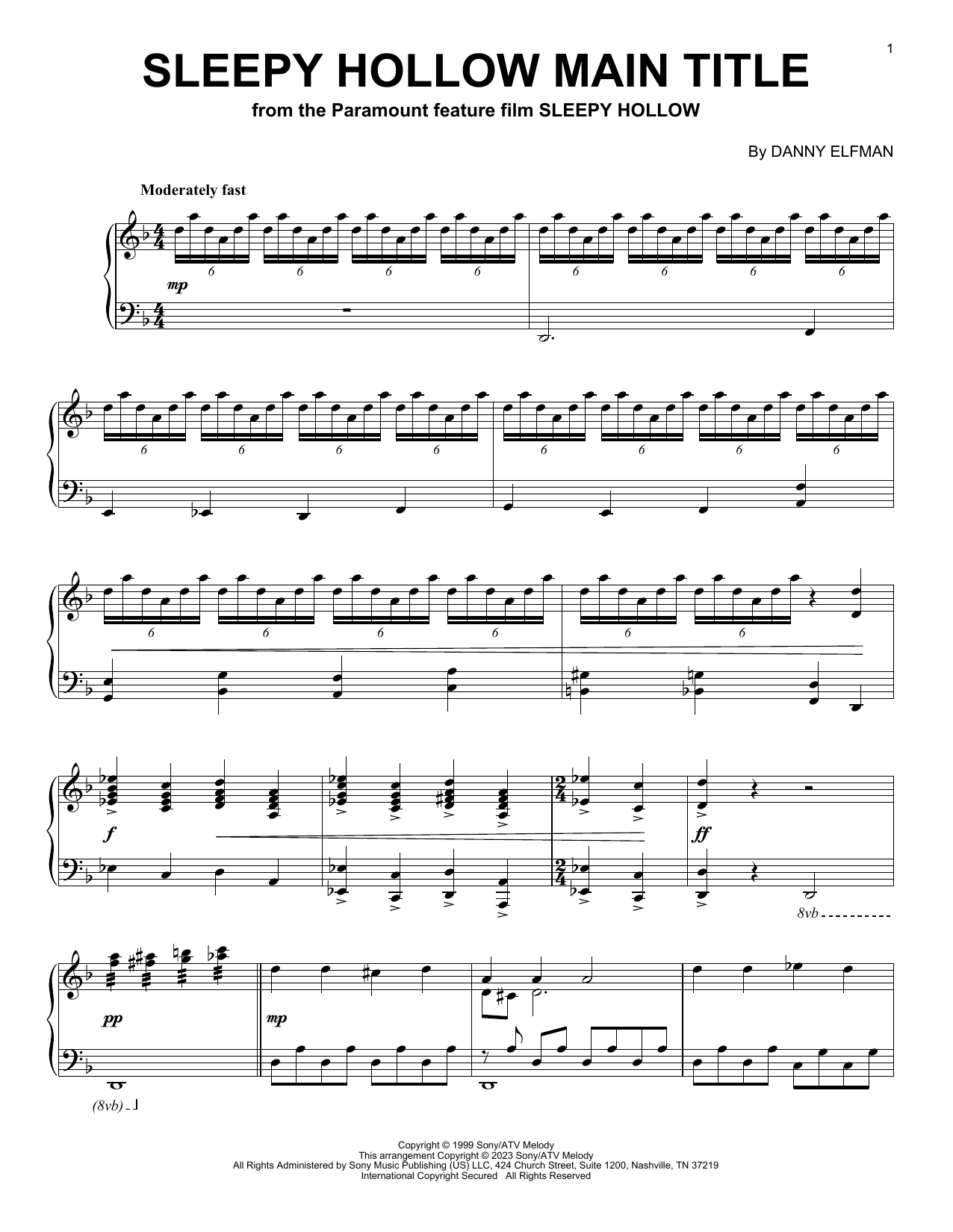 Danny Elfman Sleepy Hollow Main Title sheet music notes and chords arranged for Piano Solo