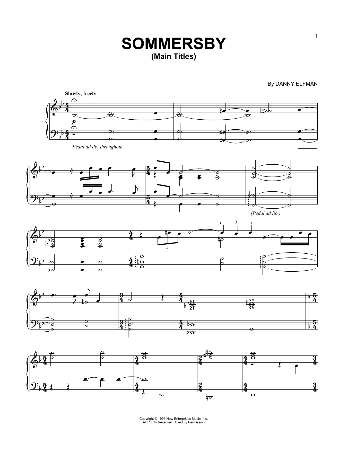 Danny Elfman Sommersby - Main Titles sheet music notes and chords arranged for Piano Solo