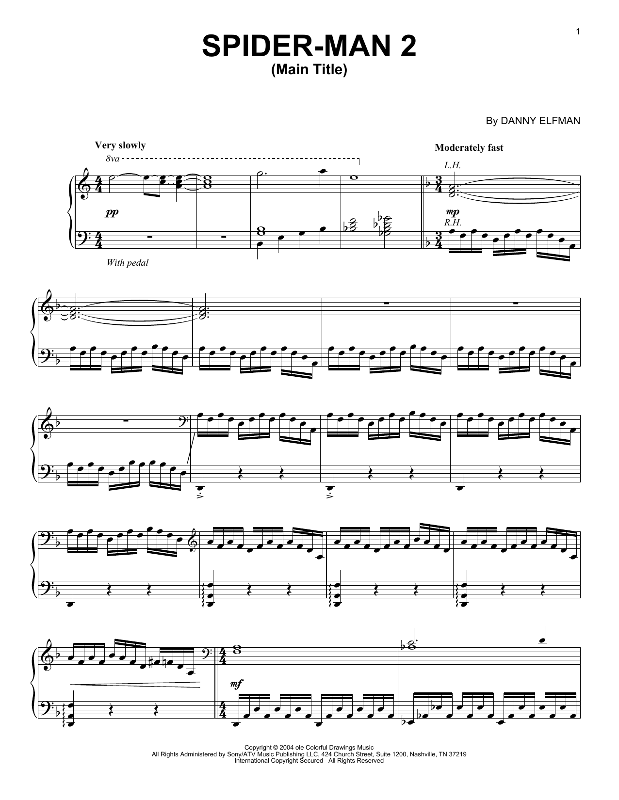 Danny Elfman Spider-Man 2 (Main Title) sheet music notes and chords arranged for Piano Solo