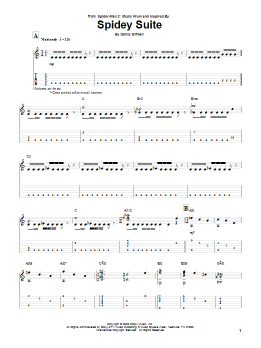 Danny Elfman Spidey Suite sheet music notes and chords arranged for Guitar Tab
