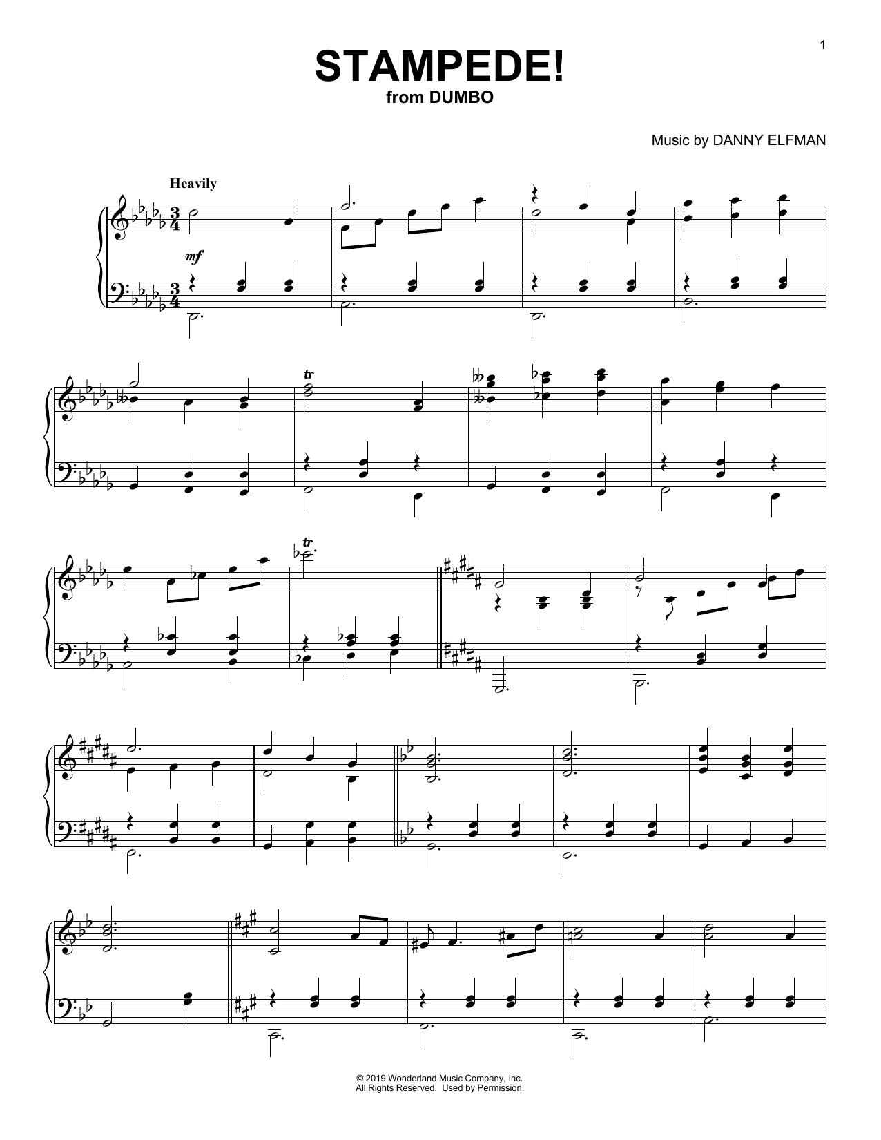 Danny Elfman Stampede! (from the Motion Picture Dumbo) sheet music notes and chords arranged for Piano Solo