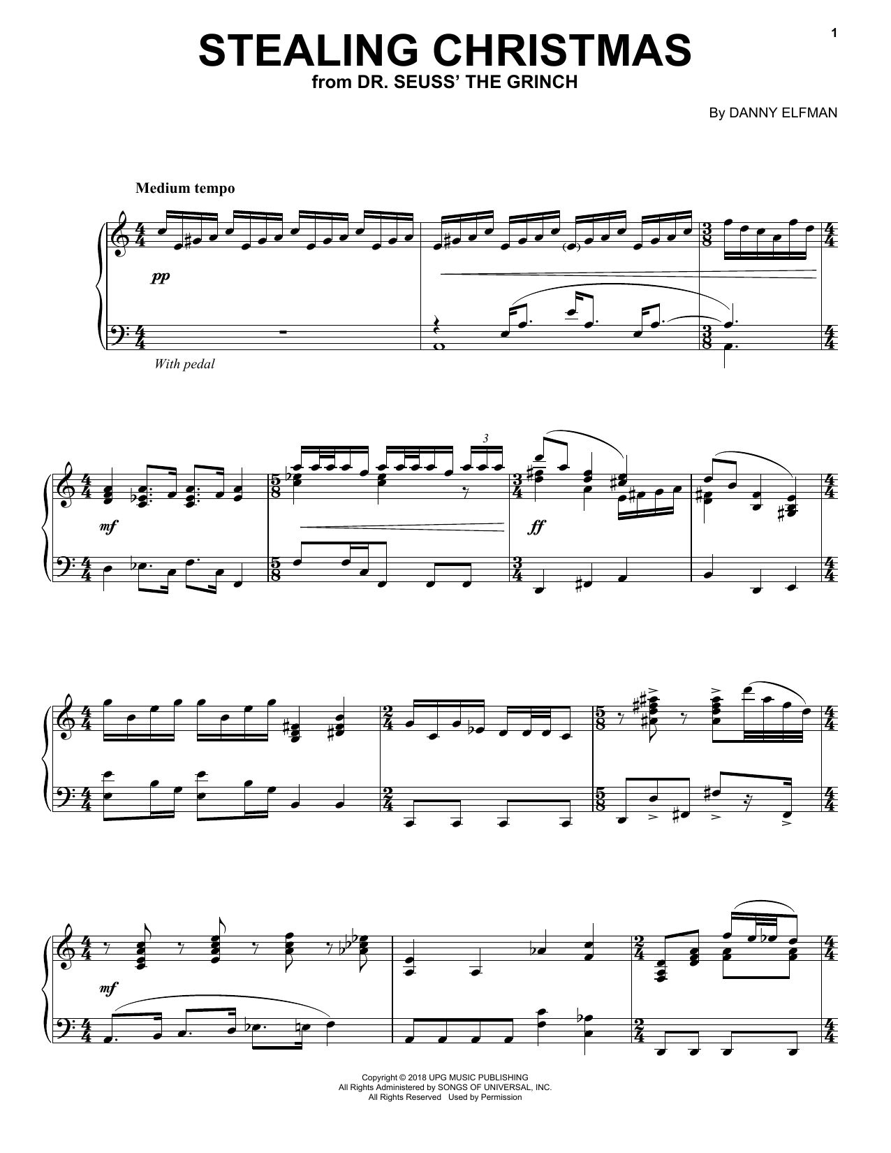 Danny Elfman Stealing Christmas (from The Grinch) sheet music notes and chords arranged for Piano Solo