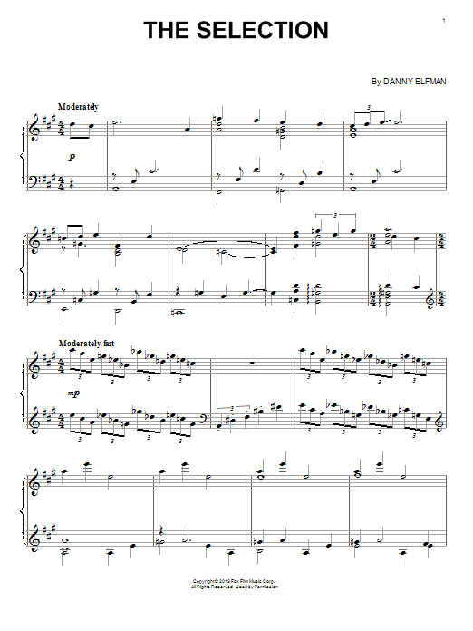 Danny Elfman The Selection sheet music notes and chords arranged for Piano Solo