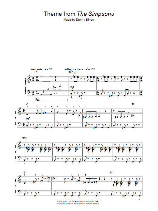 Danny Elfman Theme From The Simpsons sheet music notes and chords arranged for Piano Solo