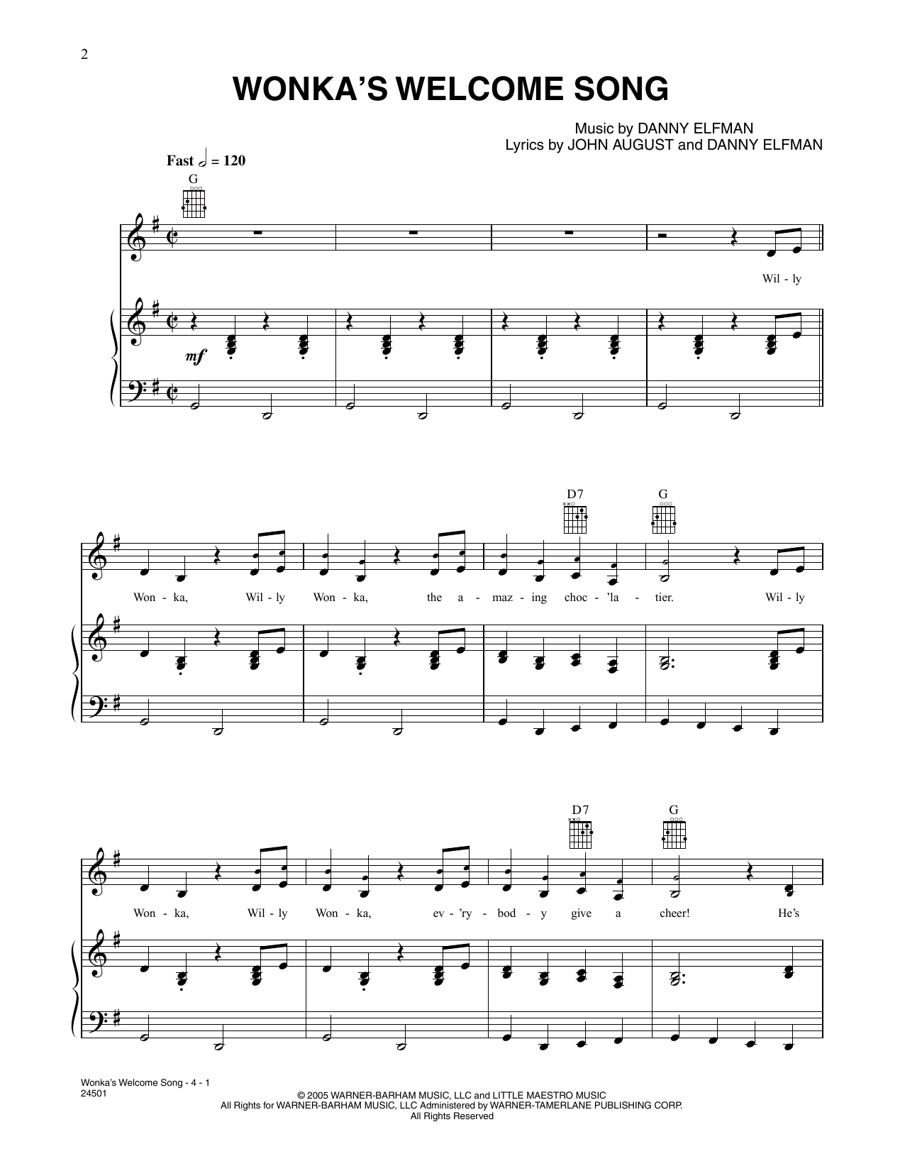 Danny Elfman Wonka's Welcome Song (from Charlie And The Chocolate Factory) sheet music notes and chords arranged for Piano, Vocal & Guitar Chords (Right-Hand Melody)