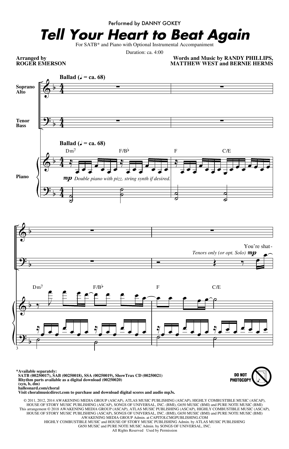 Danny Gokey Tell Your Heart To Beat Again (arr. Roger Emerson) sheet music notes and chords arranged for SATB Choir