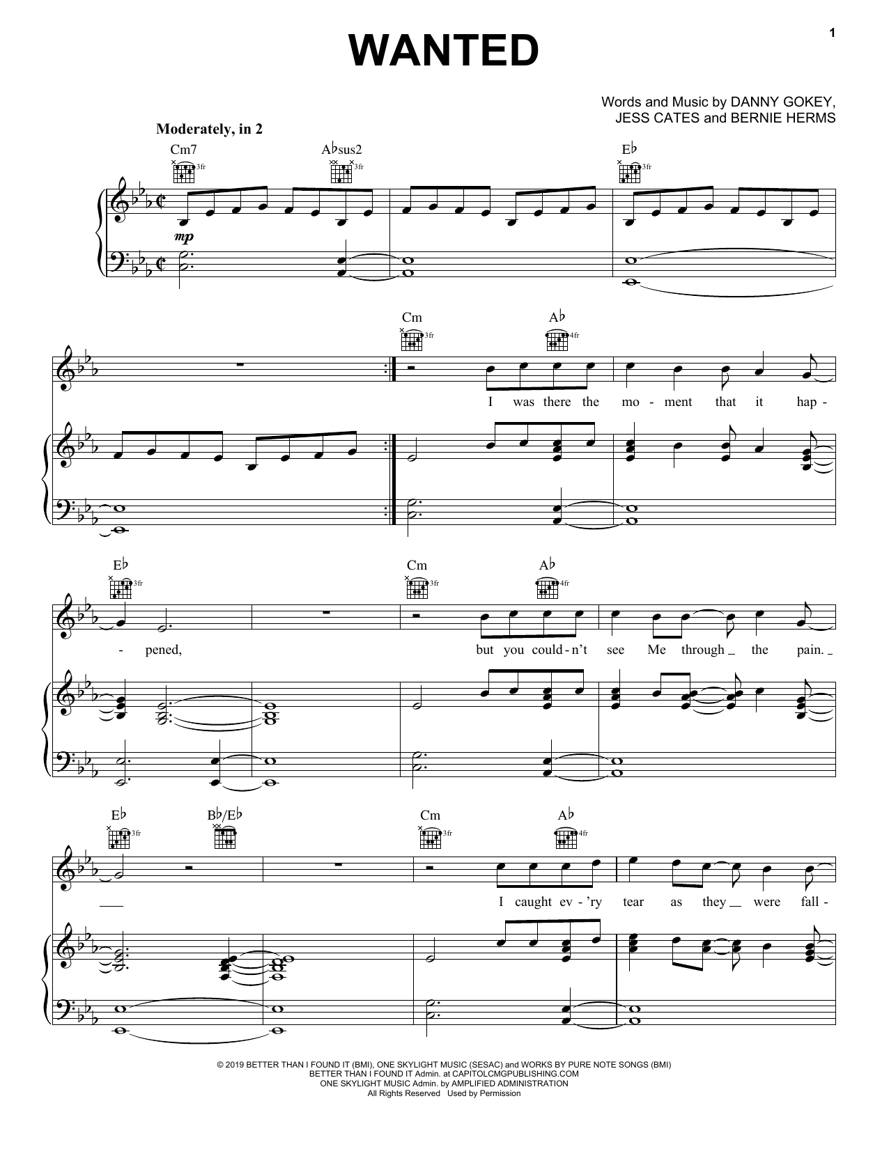 Danny Gokey Wanted sheet music notes and chords arranged for Piano, Vocal & Guitar Chords (Right-Hand Melody)