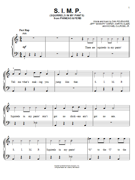 Danny Jacob S.I.M.P. (Squirrels In My Pants) sheet music notes and chords arranged for Easy Piano