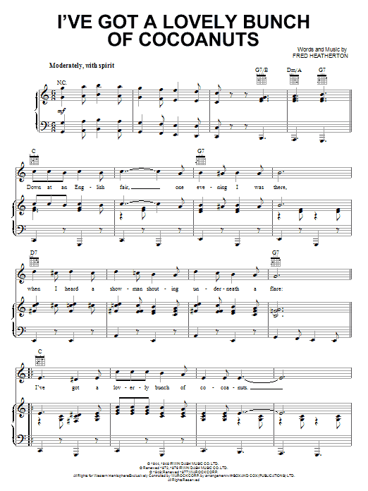 Danny Kaye I've Got A Lovely Bunch Of Cocoanuts sheet music notes and chords arranged for Piano, Vocal & Guitar Chords (Right-Hand Melody)