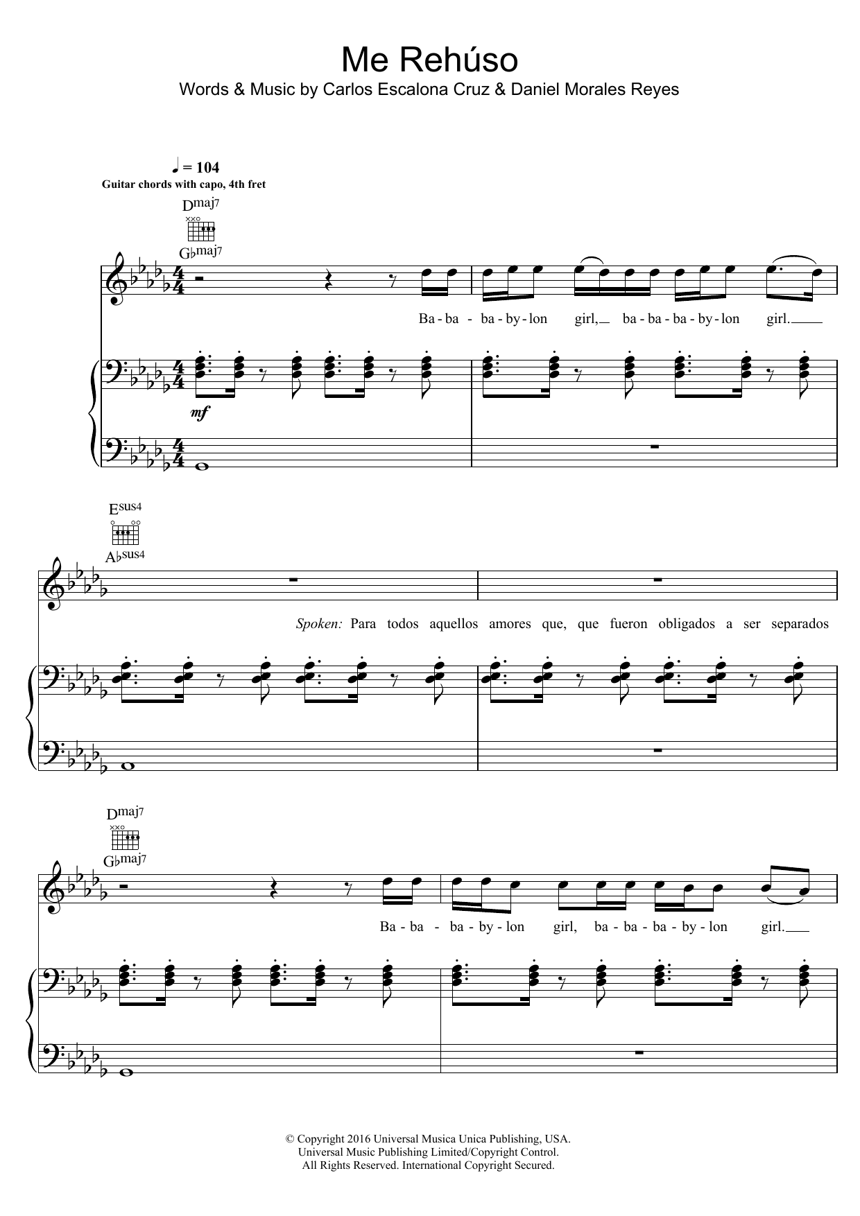 Danny Ocean Me Rehuso sheet music notes and chords arranged for Piano, Vocal & Guitar Chords