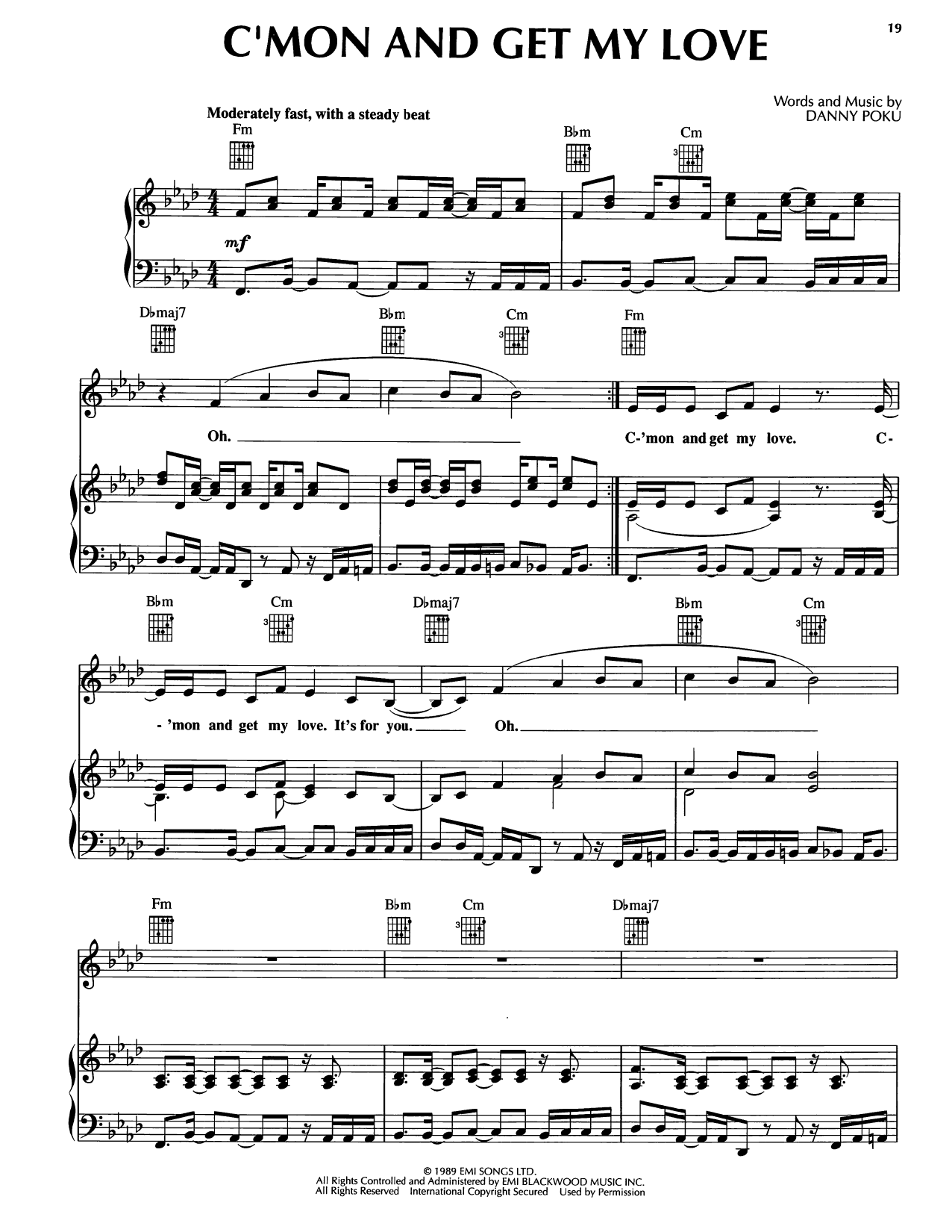 Danny Poku C'mon And Get My Love (feat. Cathy Dennis) sheet music notes and chords arranged for Piano, Vocal & Guitar Chords (Right-Hand Melody)