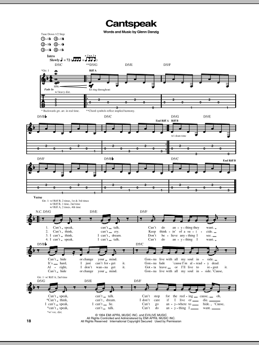 Danzig Cantspeak sheet music notes and chords arranged for Guitar Tab
