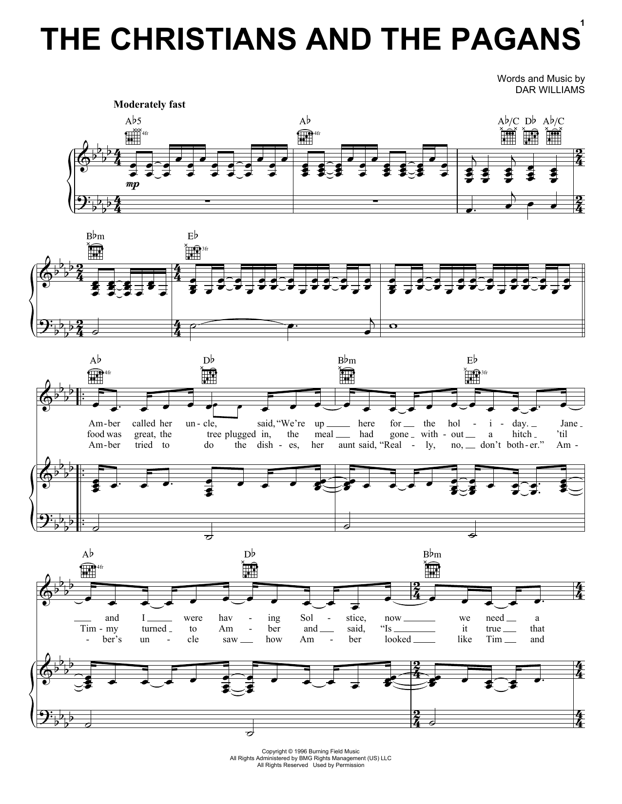 Dar Williams The Christians And The Pagans sheet music notes and chords arranged for Piano, Vocal & Guitar Chords (Right-Hand Melody)