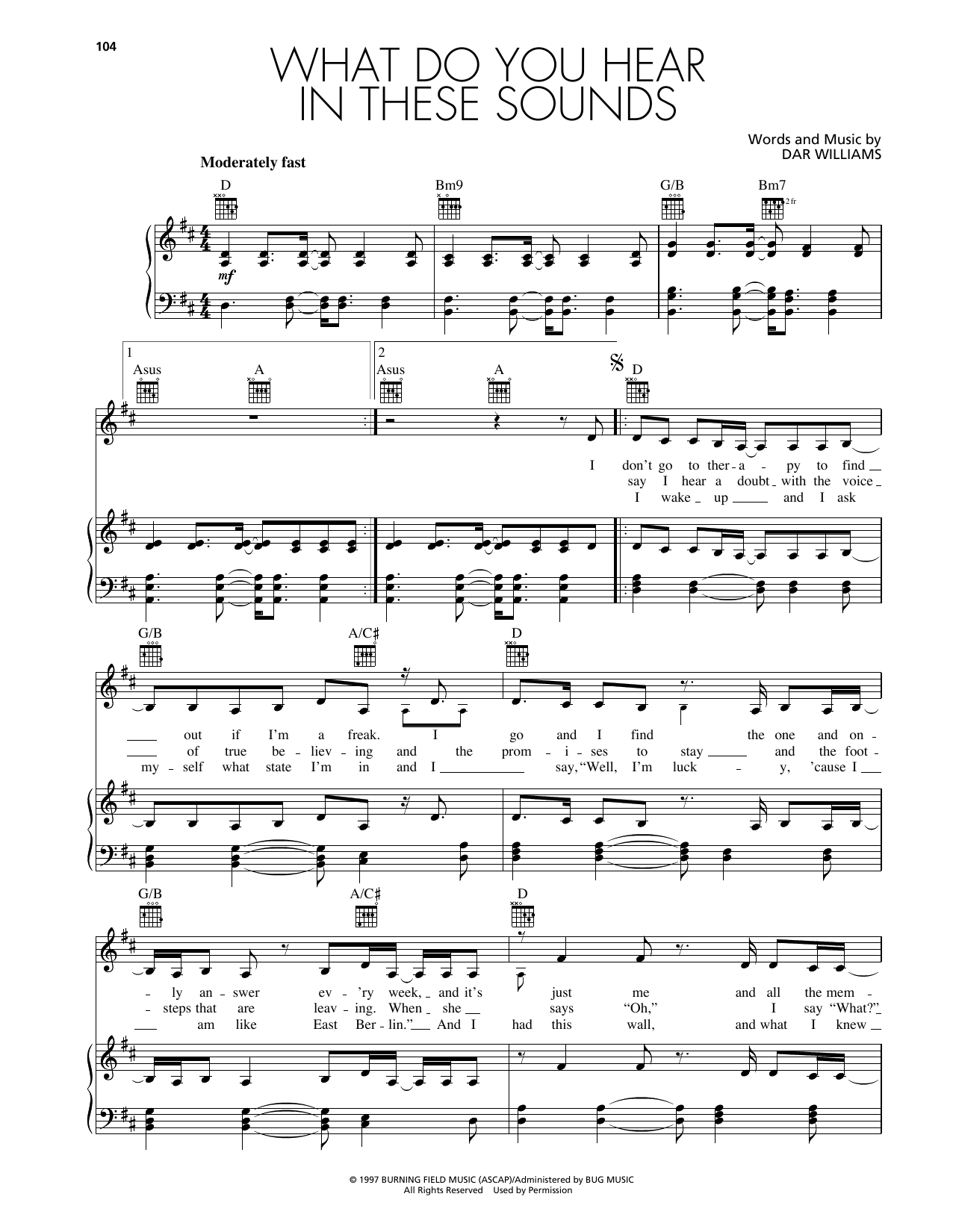 Dar Williams What Do You Hear In These Sounds sheet music notes and chords arranged for Piano, Vocal & Guitar Chords (Right-Hand Melody)