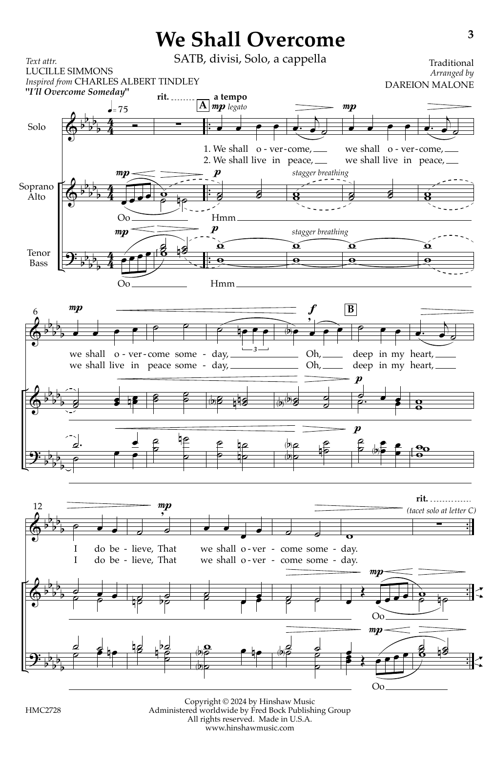 Dareion Malone We Shall Overcome sheet music notes and chords arranged for SATB Choir