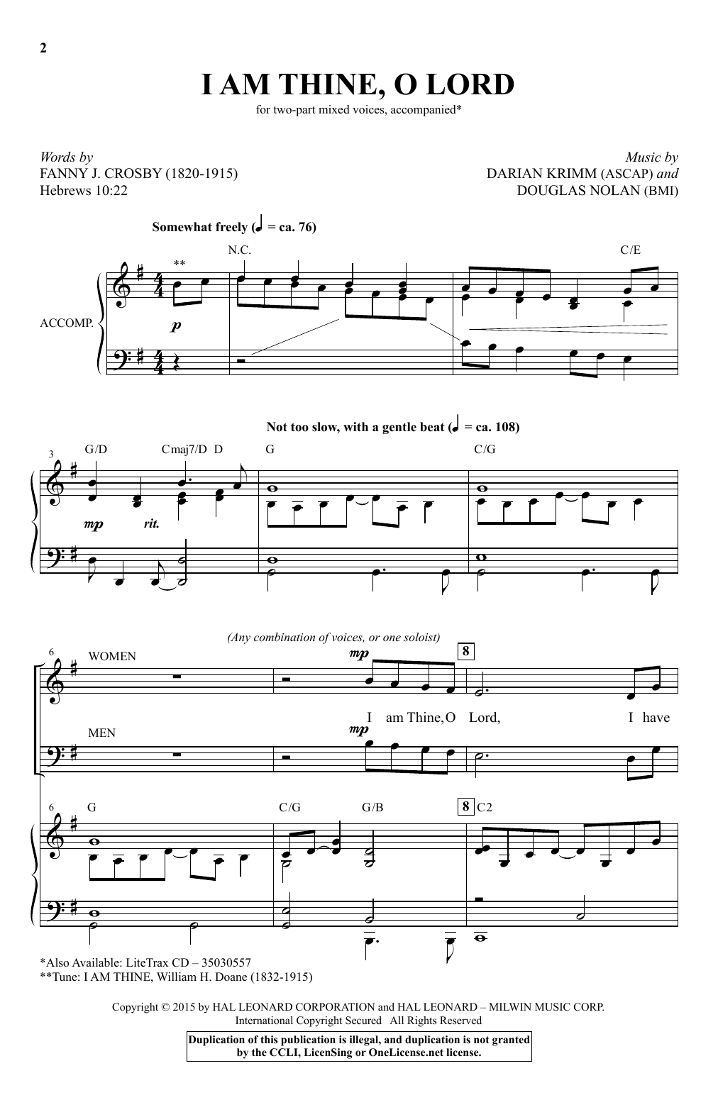 Darian Krimm I Am Thine, O Lord sheet music notes and chords arranged for 2-Part Choir