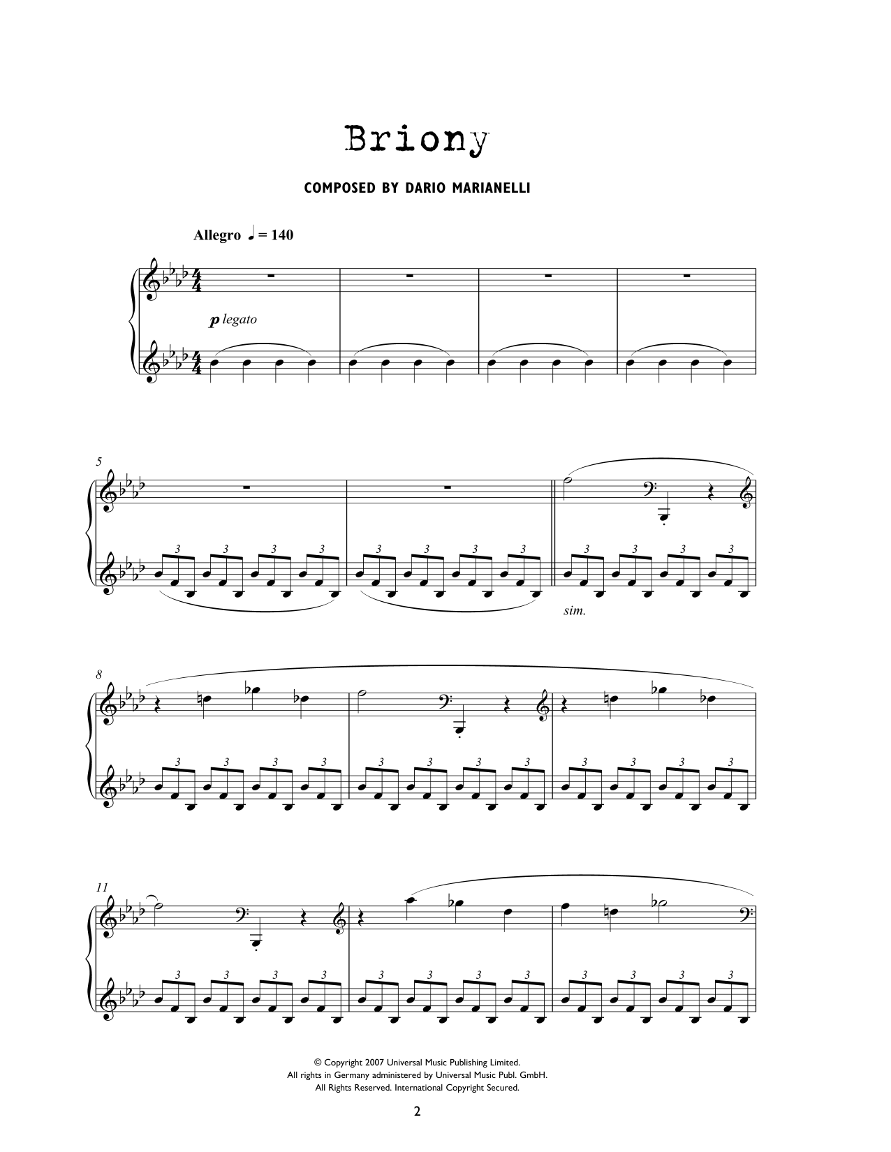Dario Marianelli Briony (from Atonement) sheet music notes and chords arranged for Piano Solo