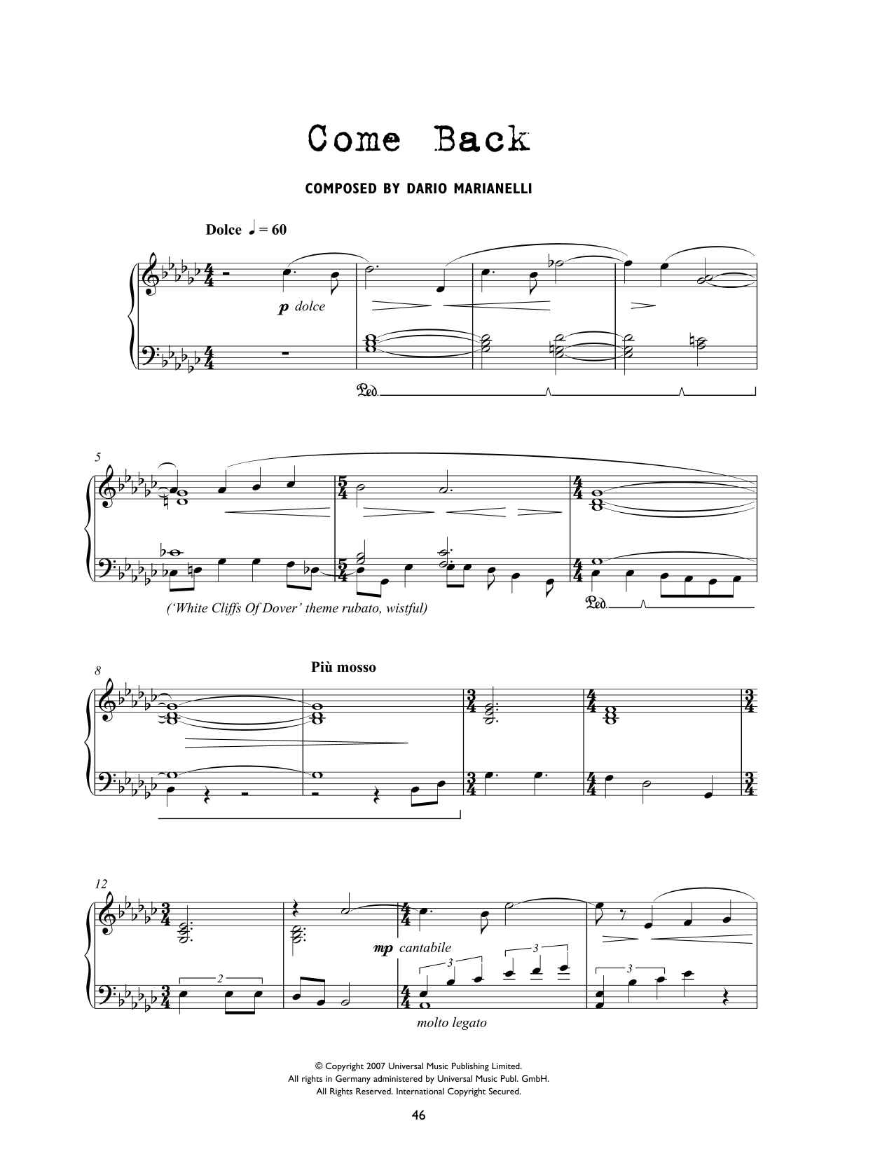 Dario Marianelli Come Back (from Atonement) sheet music notes and chords arranged for Piano Solo