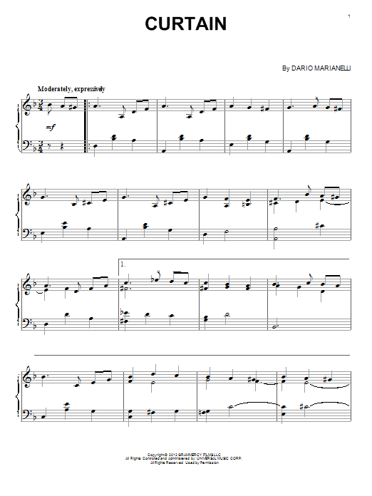 Dario Marianelli Curtain sheet music notes and chords arranged for Piano Solo