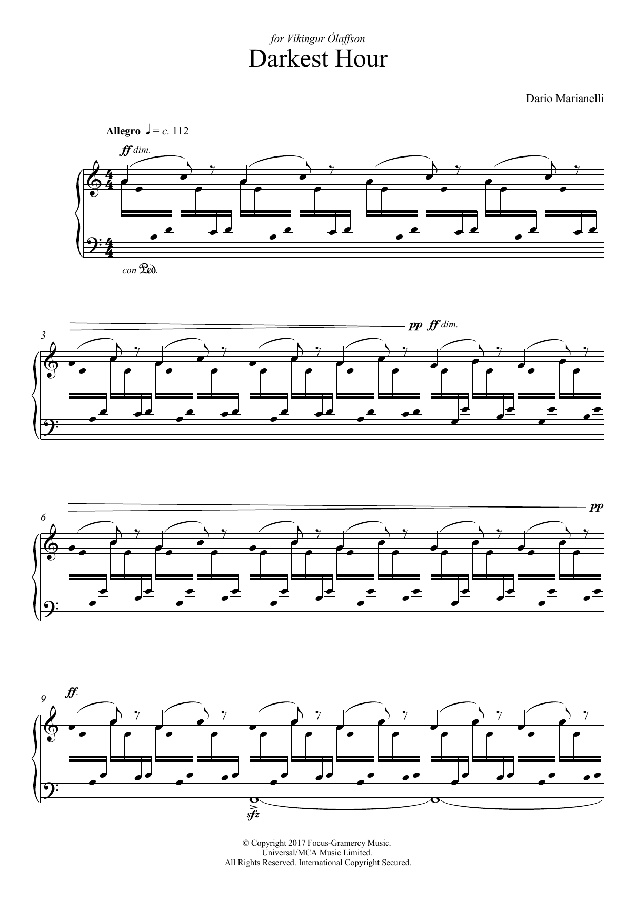 Dario Marianelli Darkest Hour sheet music notes and chords arranged for Piano Solo