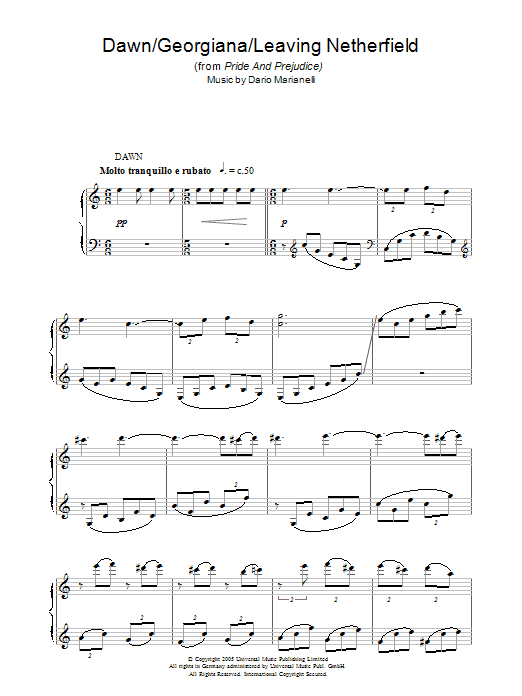 Dario Marianelli Dawn / Georgiana sheet music notes and chords arranged for Piano Solo