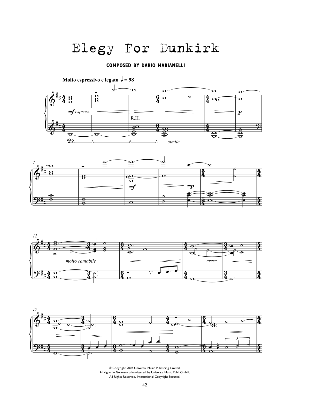 Dario Marianelli Elegy For Dunkirk (from Atonement) sheet music notes and chords arranged for Piano Solo