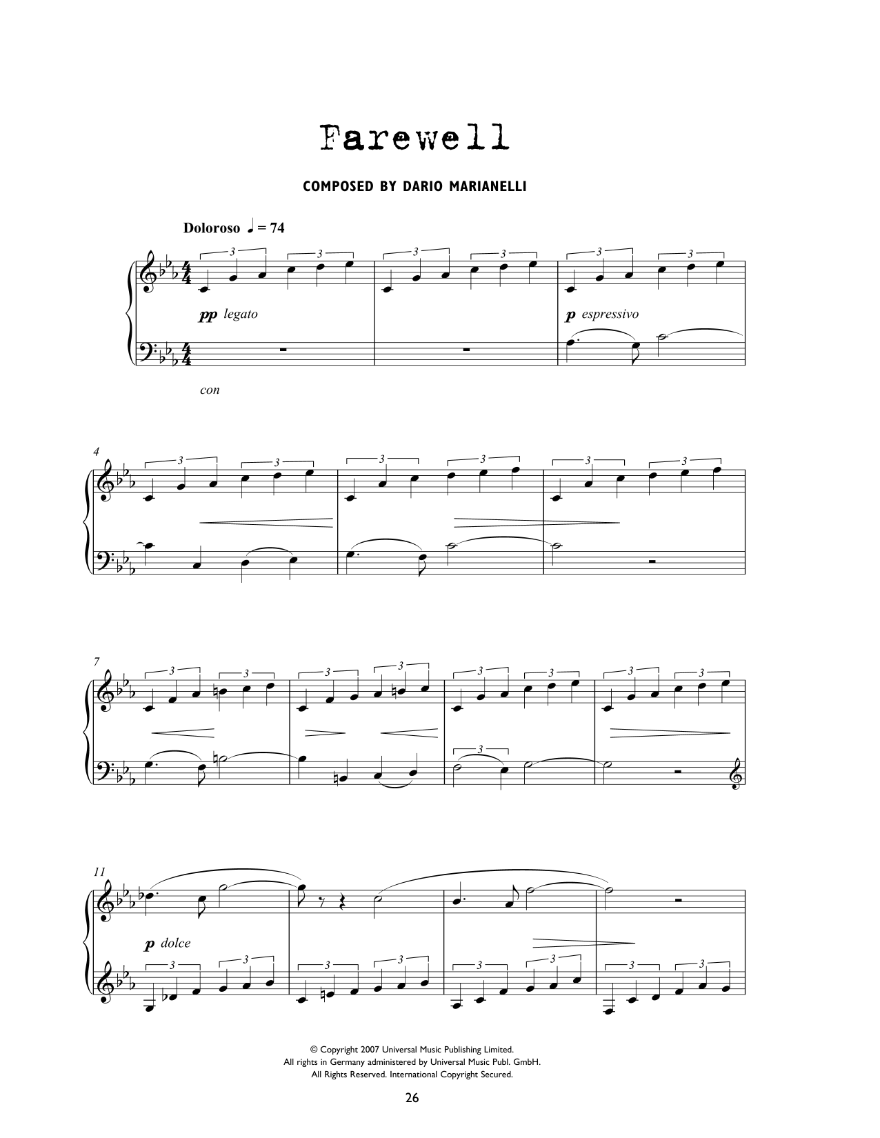 Dario Marianelli Farewell (from Atonement) sheet music notes and chords arranged for Piano Solo