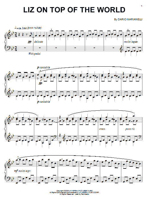 Dario Marianelli Liz On Top Of The World (from Pride And Prejudice) sheet music notes and chords arranged for Piano Solo