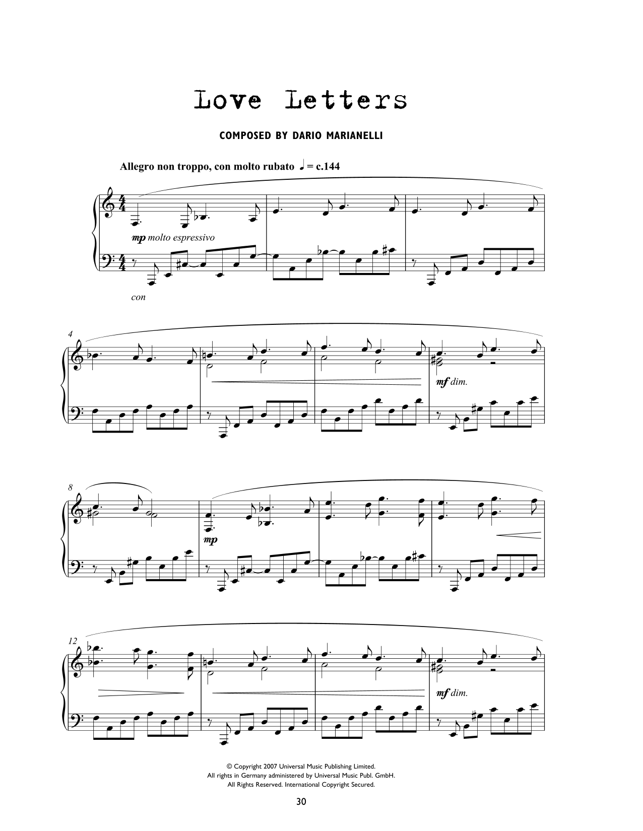 Dario Marianelli Love Letters (from Atonement) sheet music notes and chords arranged for Piano Solo