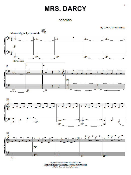 Dario Marianelli Mrs. Darcy (from Pride And Prejudice) (arr. Carol Klose) sheet music notes and chords arranged for Piano Duet