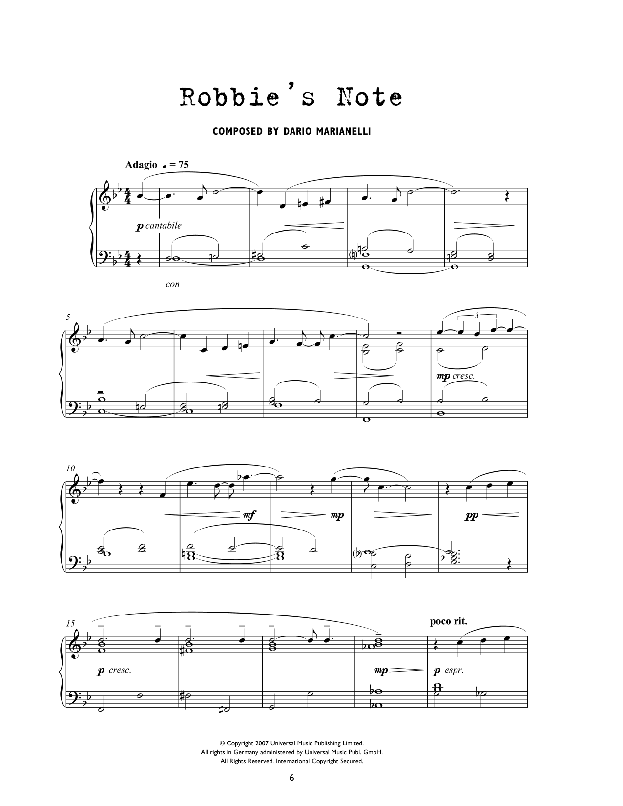 Dario Marianelli Robbie's Note (from Atonement) sheet music notes and chords arranged for Piano Solo