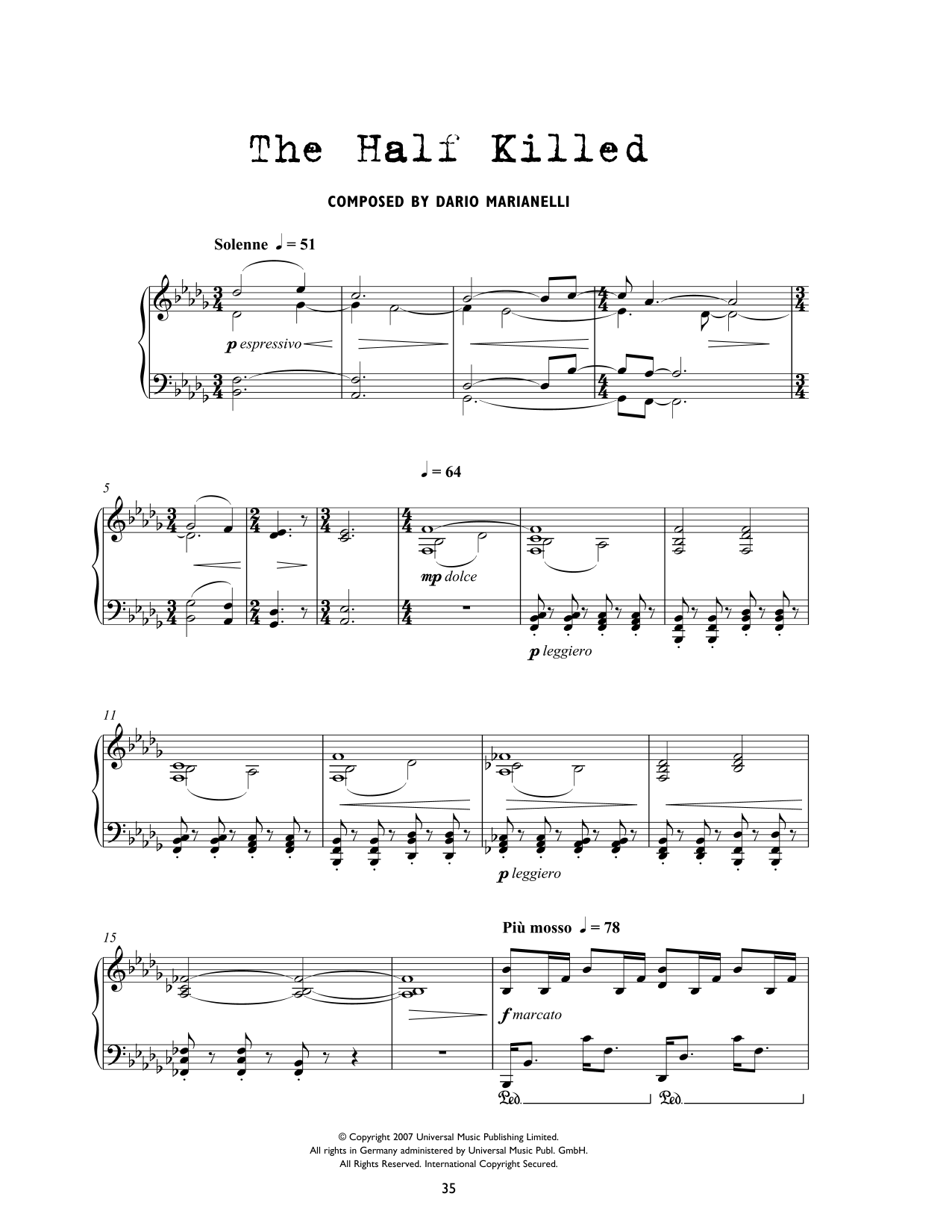 Dario Marianelli The Half Killed (from Atonement) sheet music notes and chords arranged for Piano Solo
