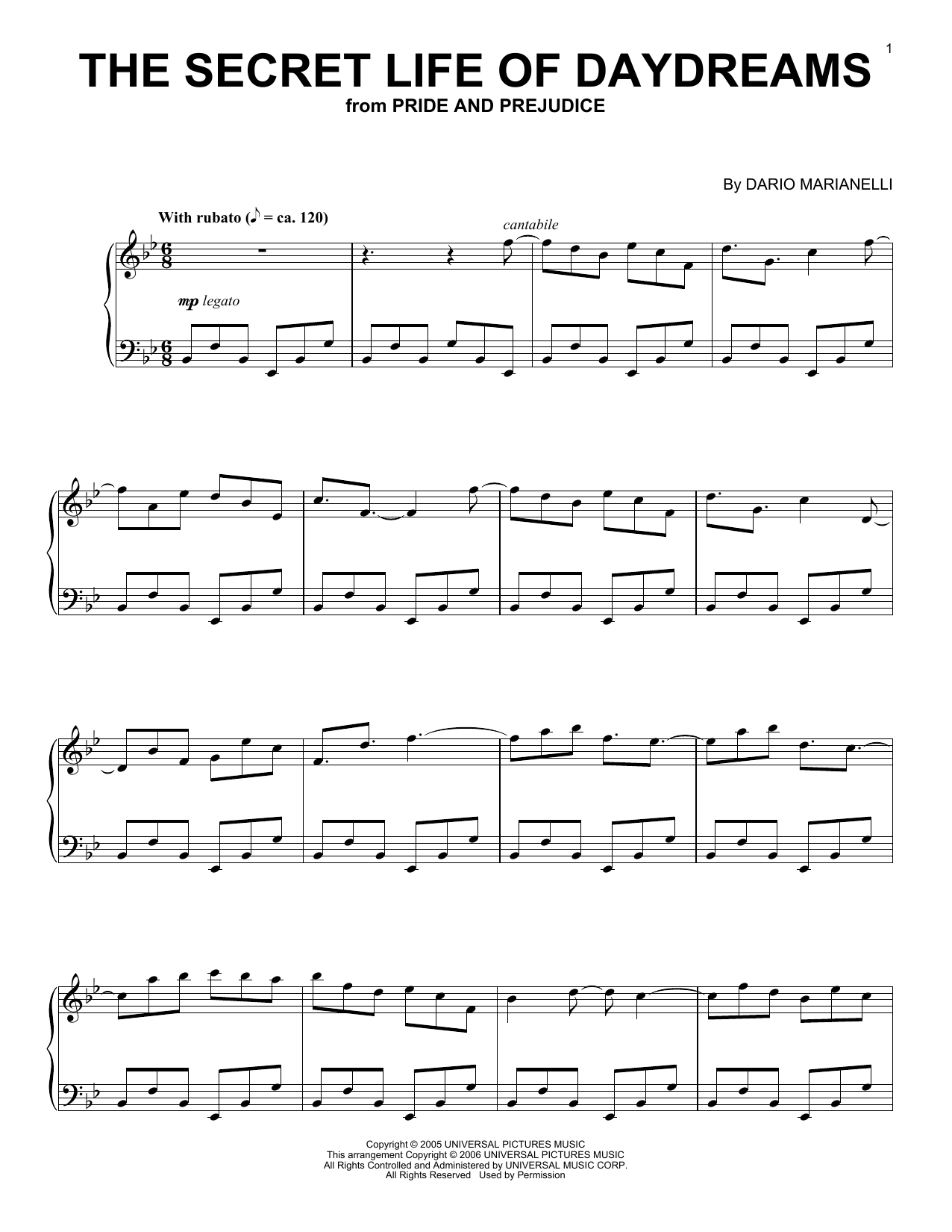 Dario Marianelli The Secret Life Of Daydreams (from Pride And Prejudice) sheet music notes and chords arranged for Piano Solo