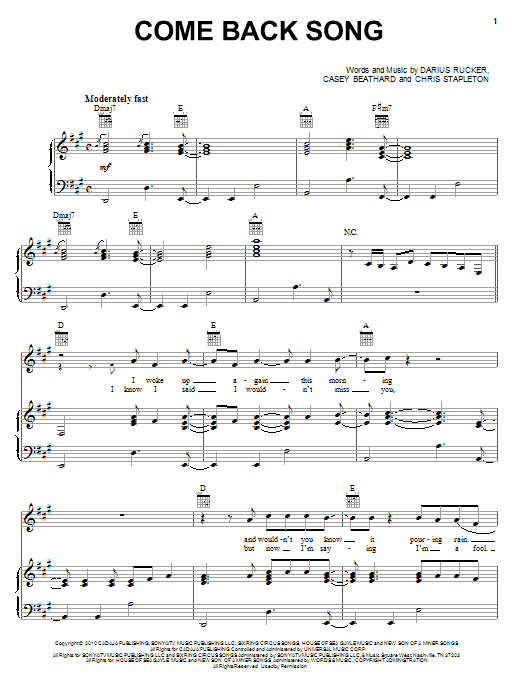 Darius Rucker Come Back Song sheet music notes and chords arranged for Piano, Vocal & Guitar Chords (Right-Hand Melody)