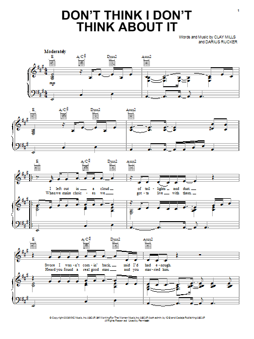 Darius Rucker Don't Think I Don't Think About It sheet music notes and chords arranged for Piano, Vocal & Guitar Chords (Right-Hand Melody)