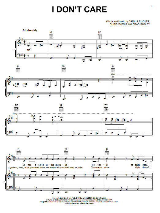 Darius Rucker I Don't Care sheet music notes and chords arranged for Piano, Vocal & Guitar Chords (Right-Hand Melody)