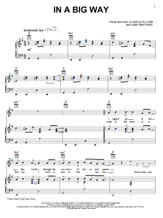 Darius Rucker In A Big Way sheet music notes and chords arranged for Piano, Vocal & Guitar Chords (Right-Hand Melody)