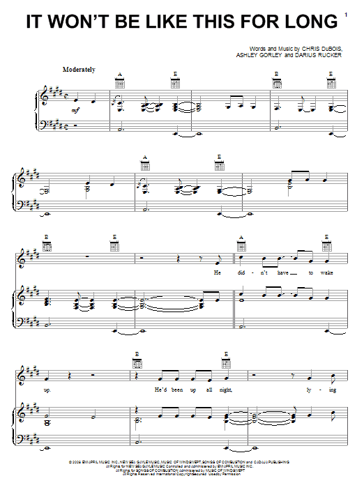 Darius Rucker It Won't Be Like This For Long sheet music notes and chords arranged for Piano, Vocal & Guitar Chords (Right-Hand Melody)