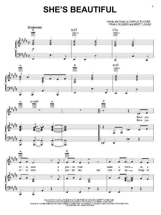 Darius Rucker She's Beautiful sheet music notes and chords arranged for Piano, Vocal & Guitar Chords (Right-Hand Melody)