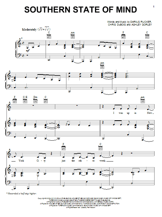 Darius Rucker Southern State Of Mind sheet music notes and chords arranged for Piano, Vocal & Guitar Chords (Right-Hand Melody)