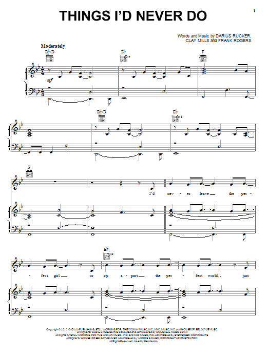 Darius Rucker Things I'd Never Do sheet music notes and chords arranged for Piano, Vocal & Guitar Chords (Right-Hand Melody)
