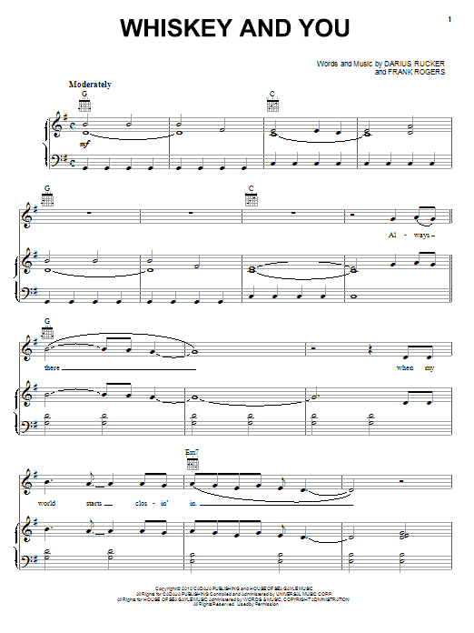 Darius Rucker Whiskey And You sheet music notes and chords arranged for Piano, Vocal & Guitar Chords (Right-Hand Melody)