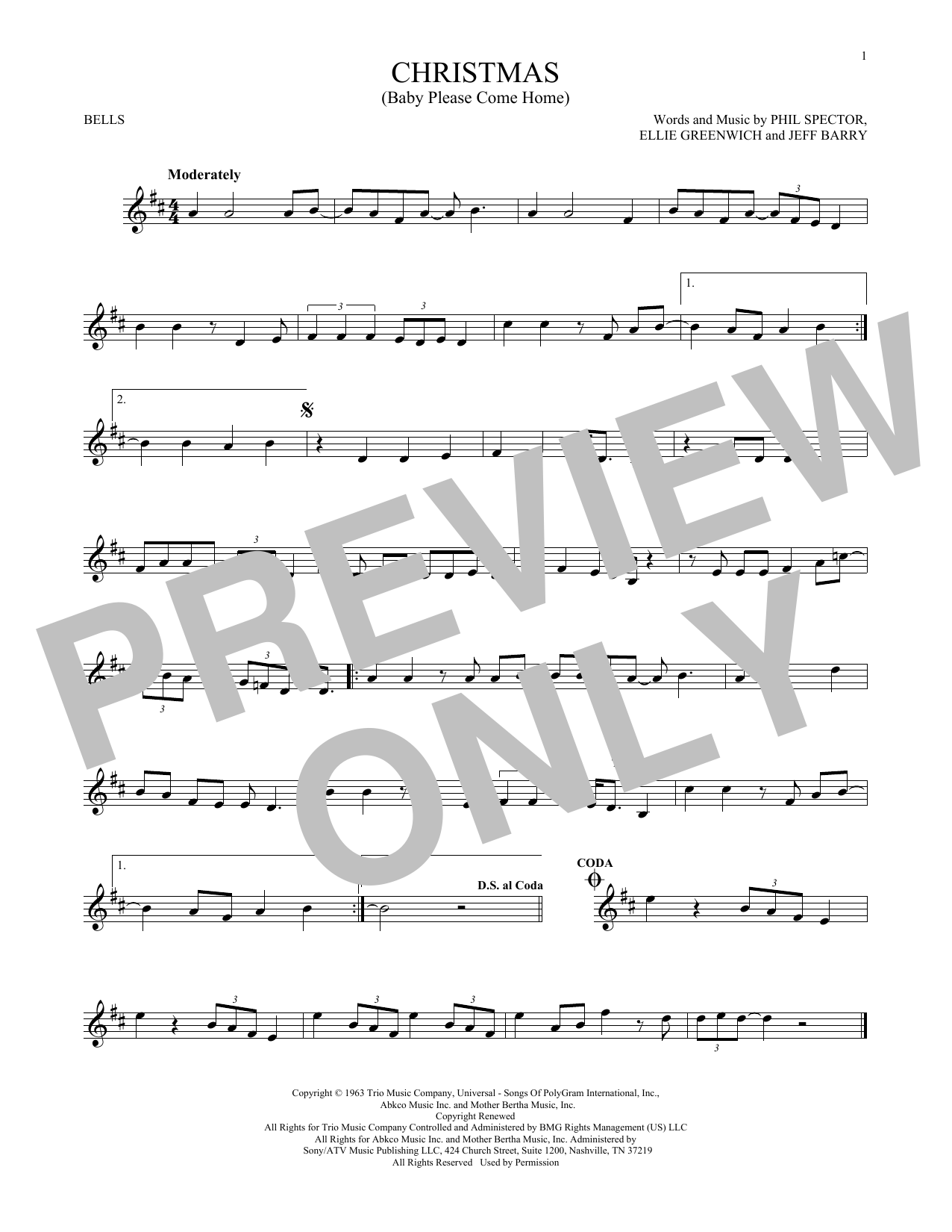 Darlene Love Christmas (Baby Please Come Home) sheet music notes and chords arranged for Bells Solo