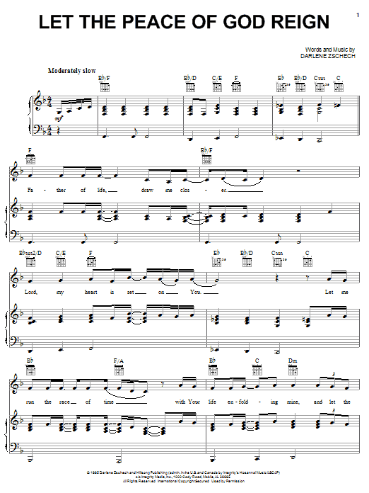 Darlene Zschech Let The Peace Of God Reign sheet music notes and chords arranged for Piano, Vocal & Guitar Chords (Right-Hand Melody)
