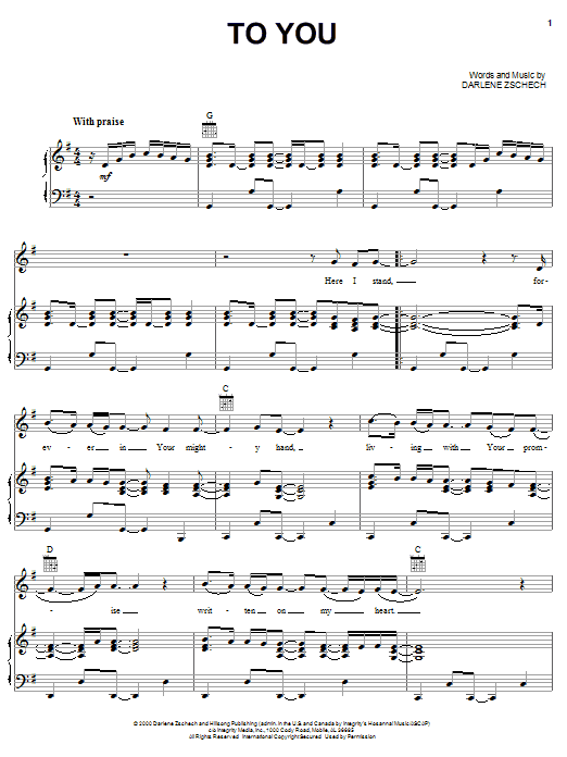 Darlene Zschech To You sheet music notes and chords arranged for Piano, Vocal & Guitar Chords (Right-Hand Melody)