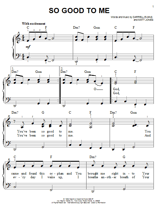 Darrell Evans So Good To Me sheet music notes and chords arranged for Easy Piano