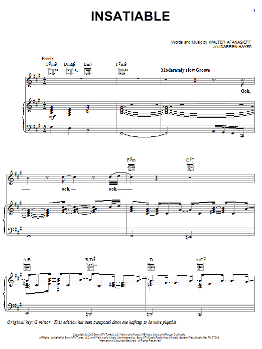 Darren Hayes Insatiable sheet music notes and chords arranged for Piano, Vocal & Guitar Chords