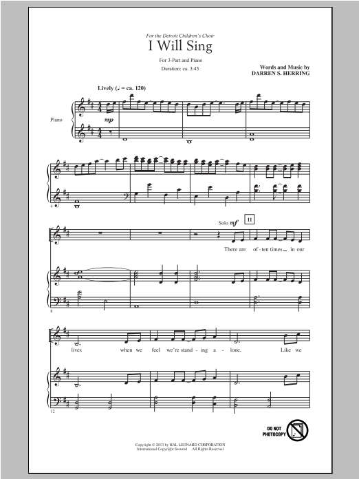 Darren S. Herring I Will Sing sheet music notes and chords arranged for 3-Part Treble Choir
