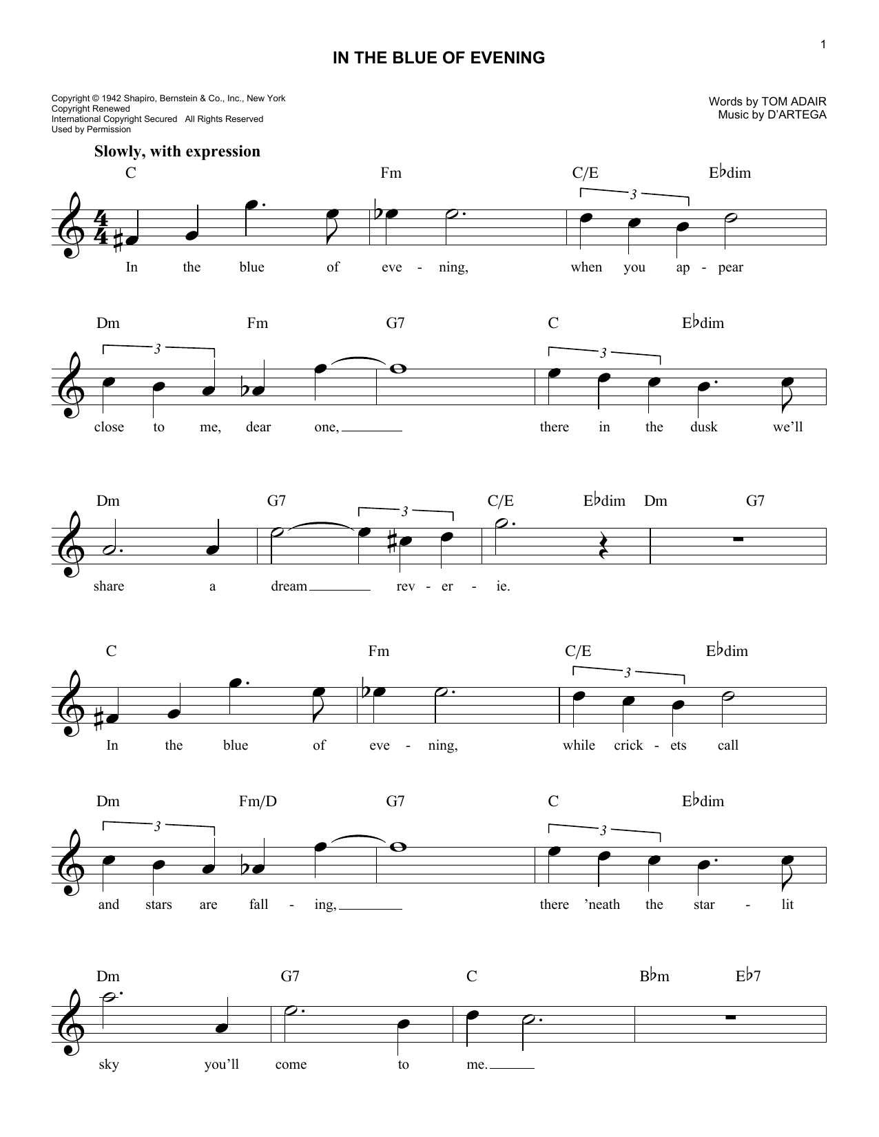 D'Artega In The Blue Of Evening sheet music notes and chords arranged for Easy Piano